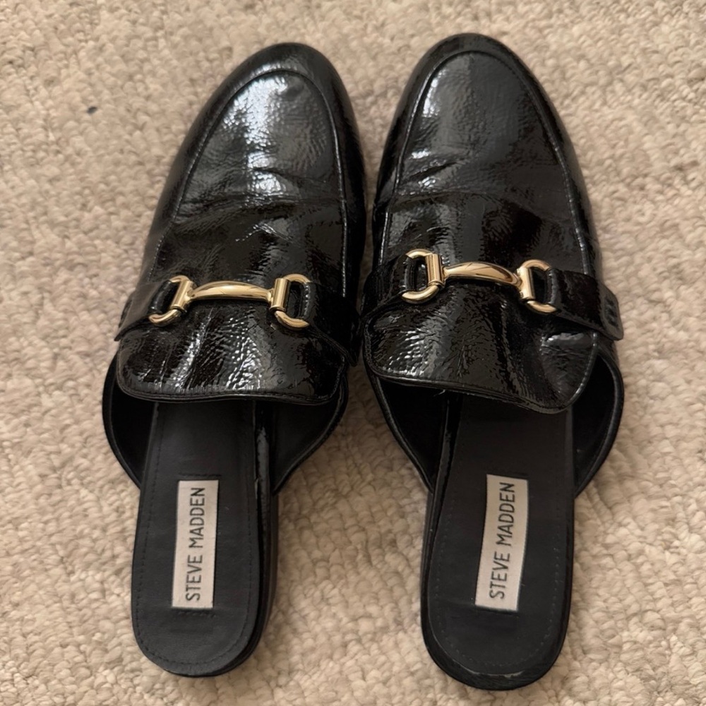 Steve Madden Glossy Black Mules with Gold Accent